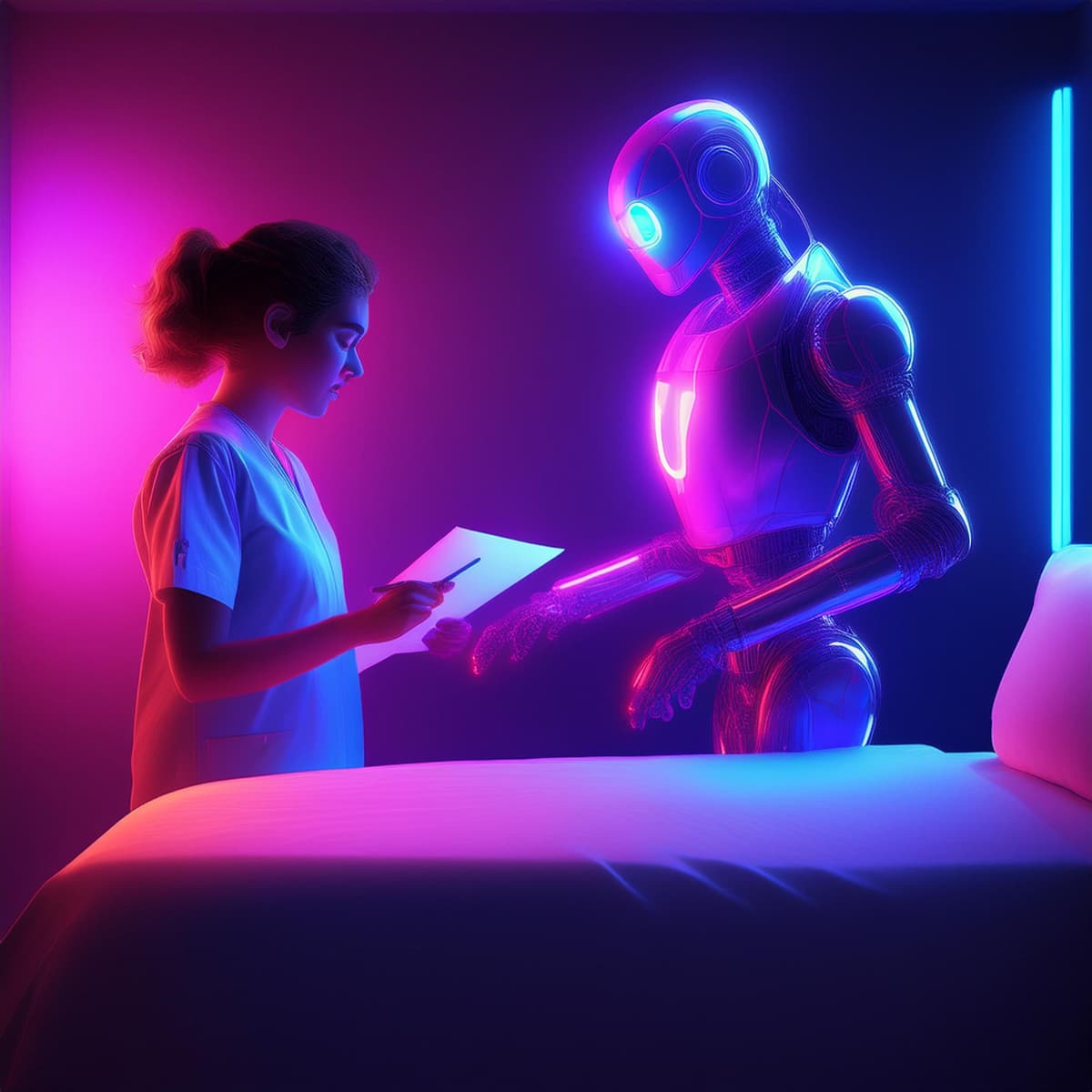 A doctor with a cute robot head that symbolizes a chatbot