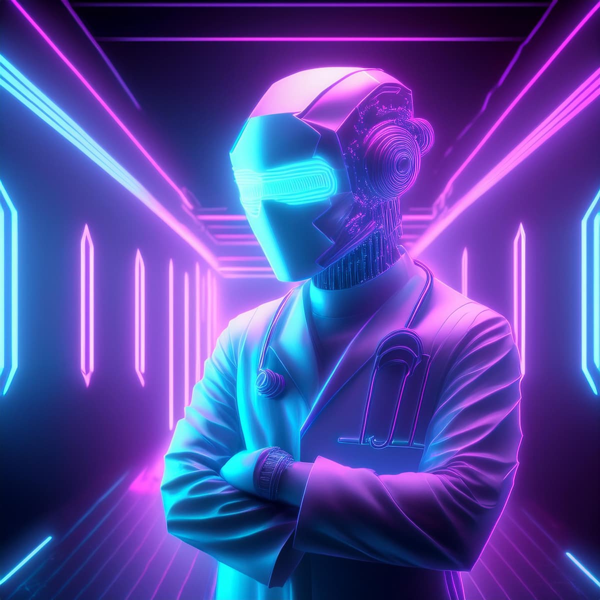 A doctor with a cute robot head that symbolizes a chatbot